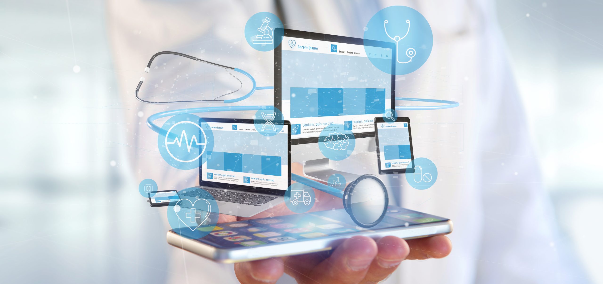 Doctor holding Devices with medical icon and stethoscope 3d rendering A doctor holds a smartphone displaying healthcare technology icons connected to devices like a laptop and tablet, symbolizing cloud computing in healthcare.