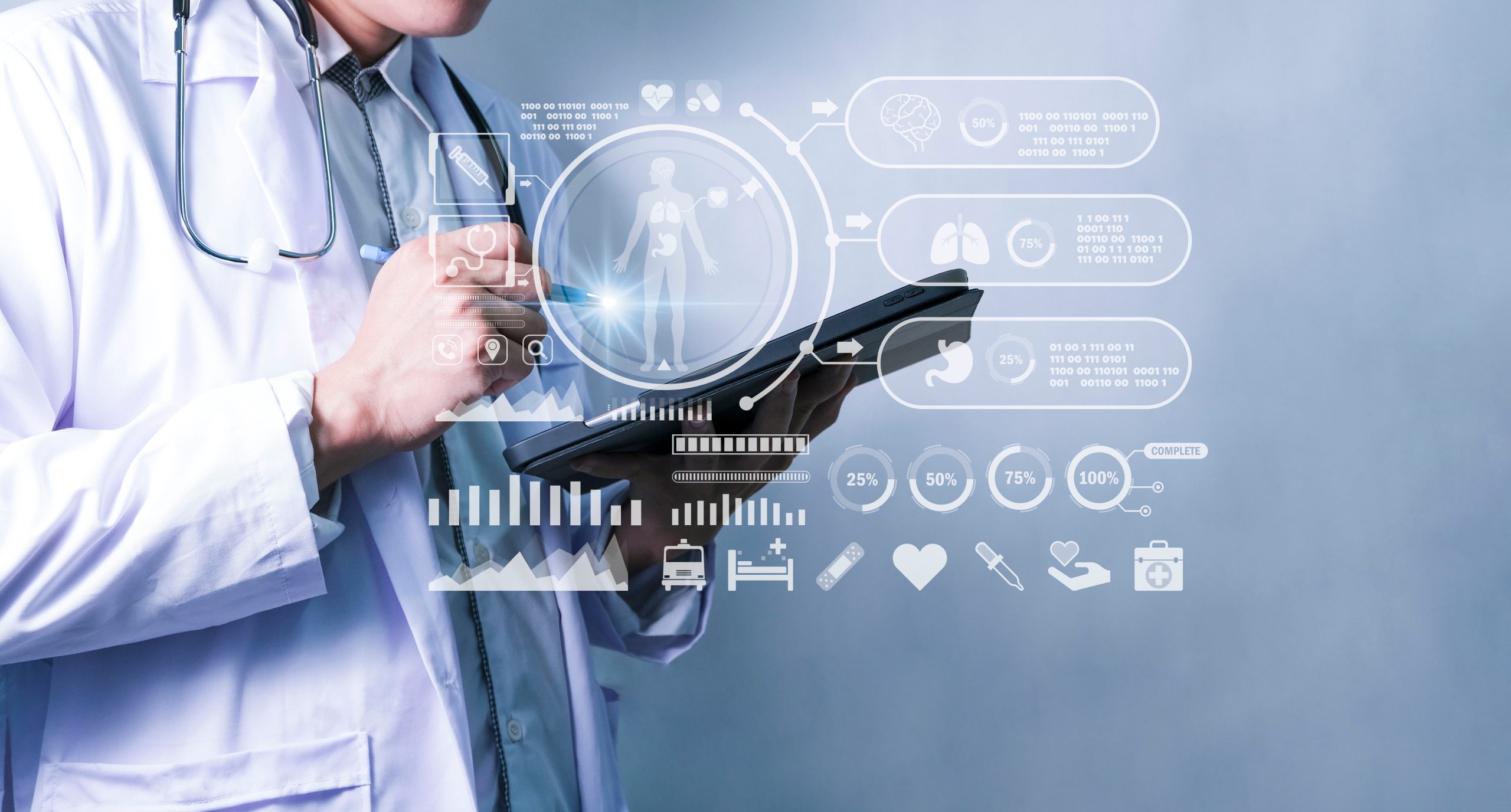Male doctor looking at tablet with medical information overlayed over a gradient background.