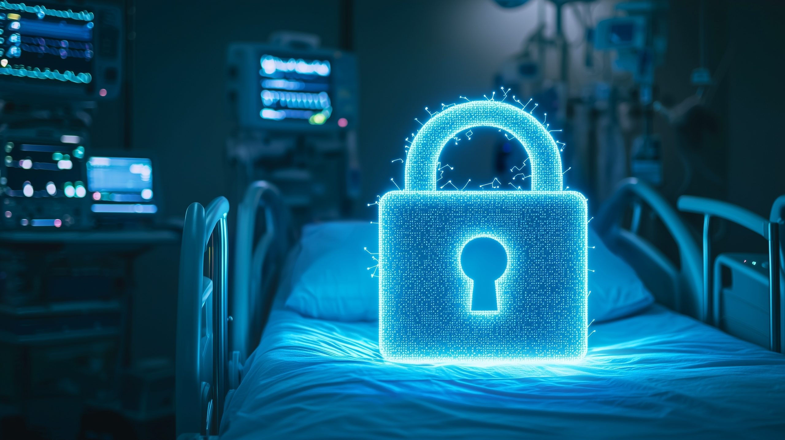 A glowing digital padlock is placed on a hospital bed, symbolizing cybersecurity in the healthcare industry, showcasing how managed services are vital for protecting sensitive patient data.