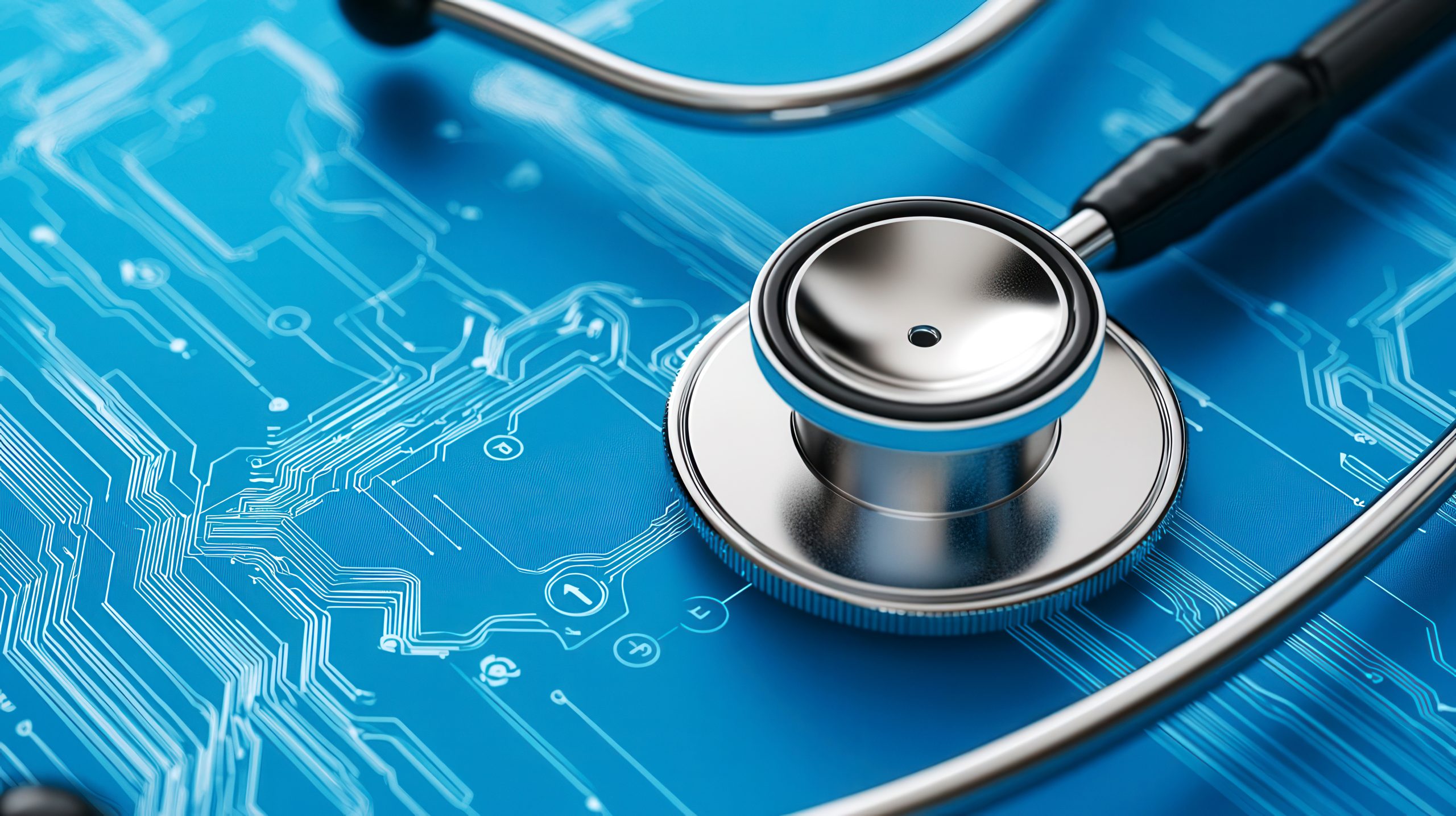 A stethoscope placed on a blue circuit board symbolizes the intersection of healthcare innovation and technology.
