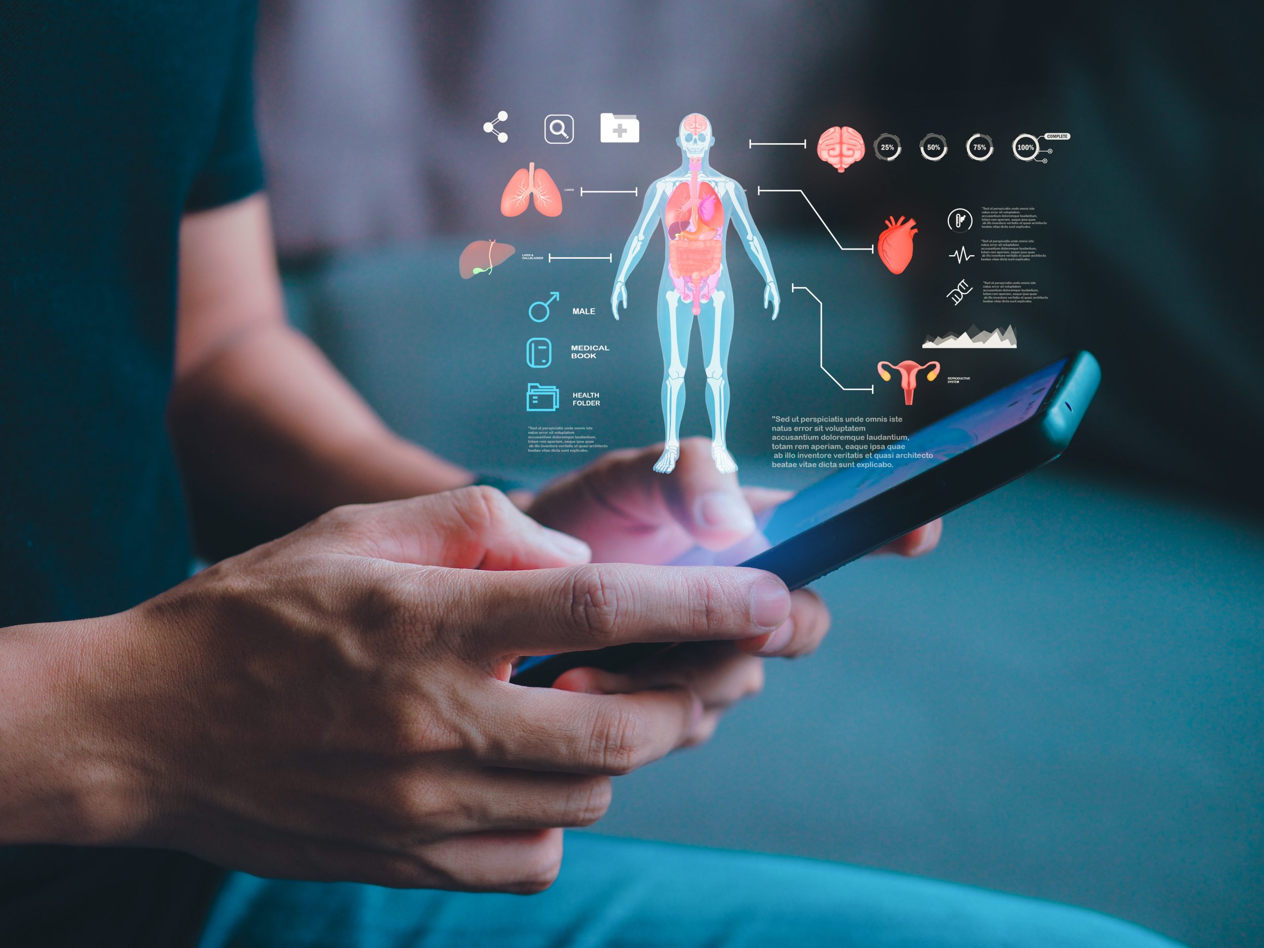 A person holding a smartphone with a holographic display shows a human anatomy diagram, vital for healthcare providers. The individual sits in focus against a blurred background, streaming EHR in the cloud.