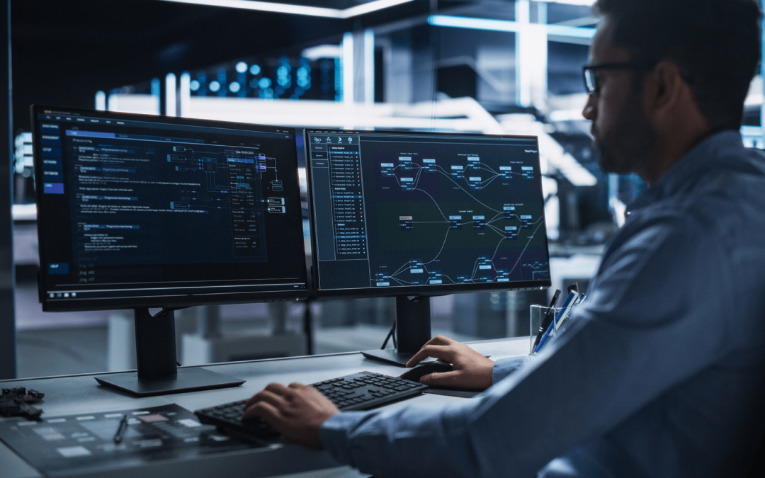 IT security professional monitoring a cybersecurity threat dashboard in a healthcare office, representing proactive managed security