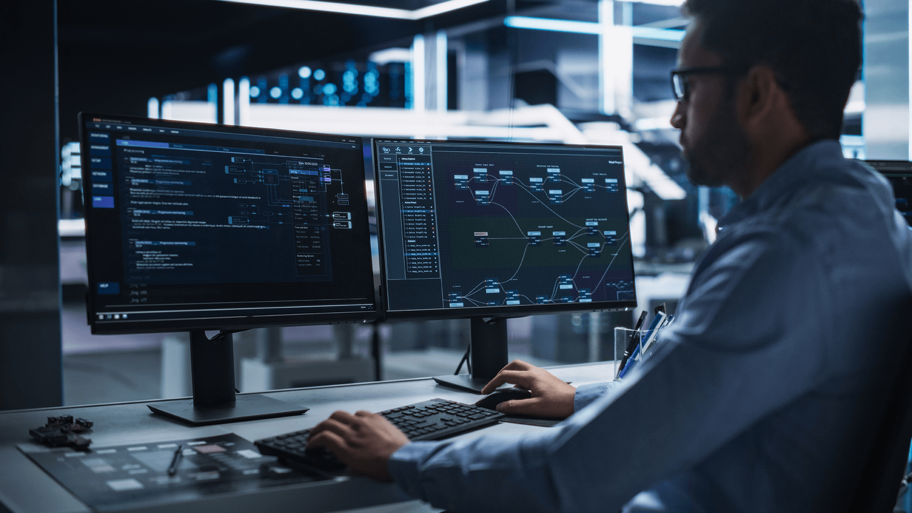 IT security professional monitoring a cybersecurity threat dashboard in a healthcare office, representing proactive managed security